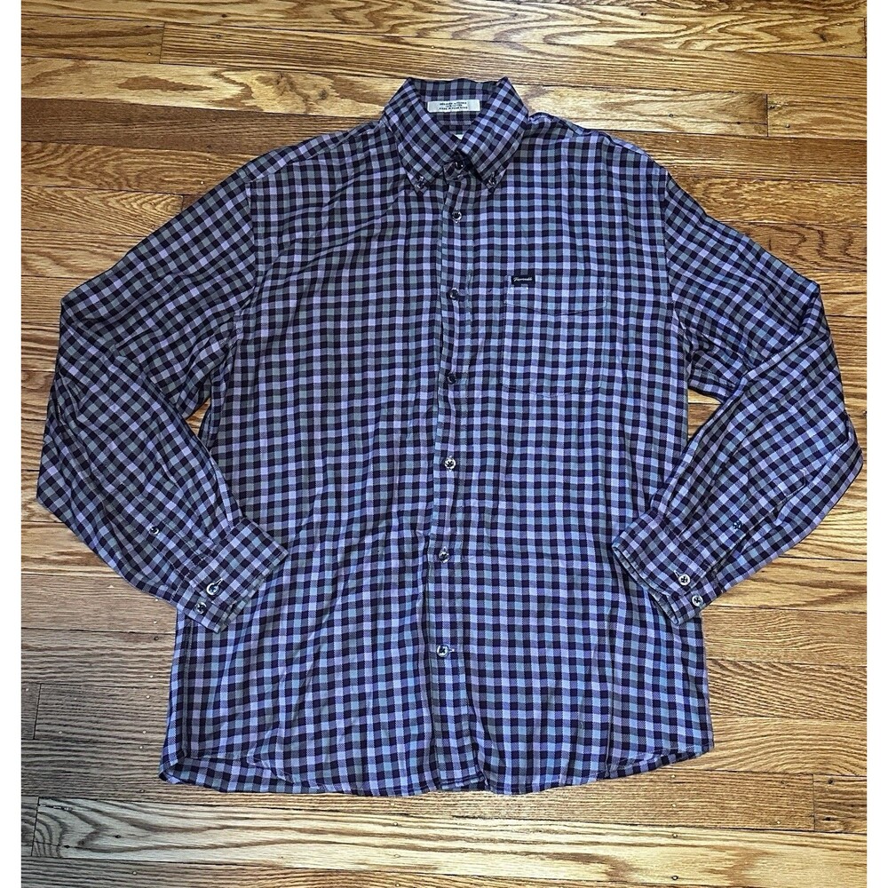 VTG Faconnable Shirt Men Medium Purple Plaid Linen Long Sleeve Button Up Preppy